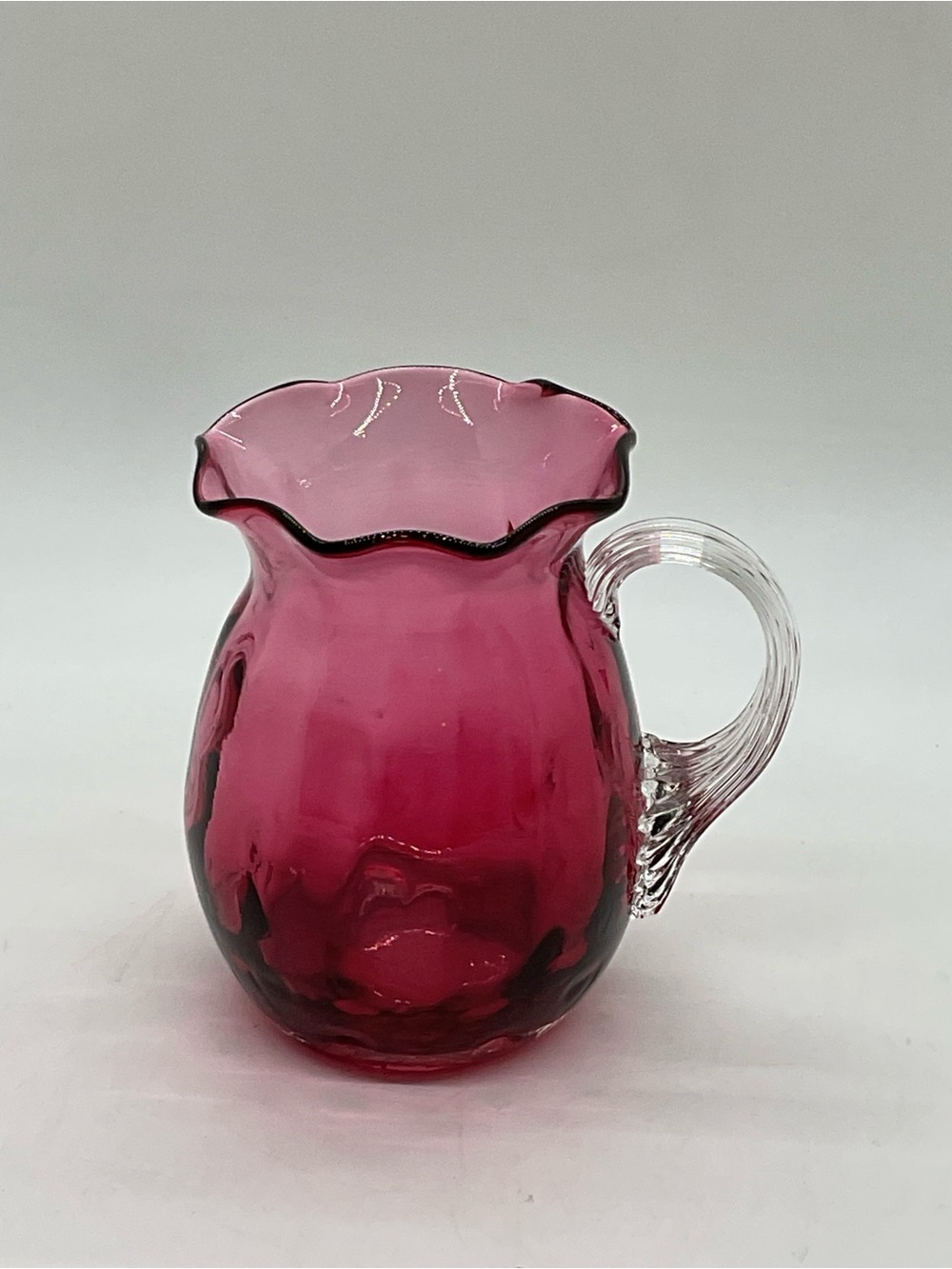 Handblown Pilgrim Cranberry Glass Mini Pitcher with Clear Handle